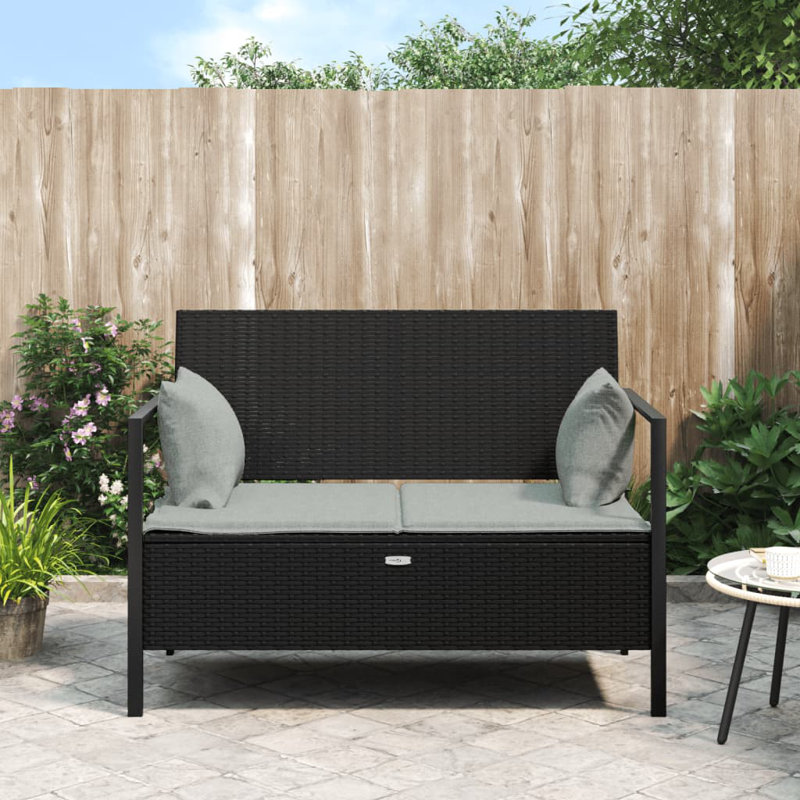 Banc de patio 2 places avec coussins en rotin de polyester, Structure noir / coussin gris clair