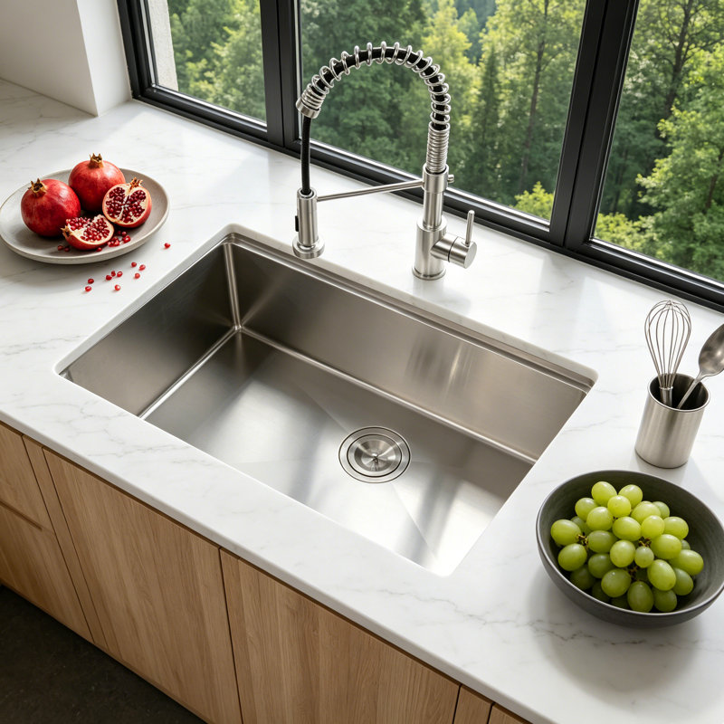 Évier de cuisine à simple cuve encastrable en acier inoxydable avec accessoires L 33 po x l 19 po, Nickel brossé