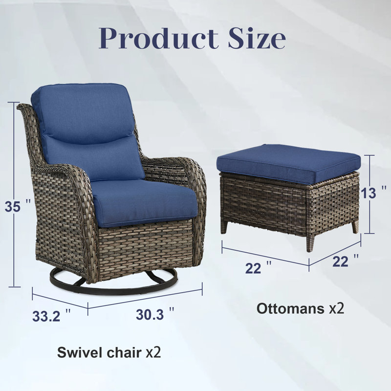 Koba 2-Person Wicker Swivel Rocker Patio Set with Ottomans and Cushions, Blue, Grey