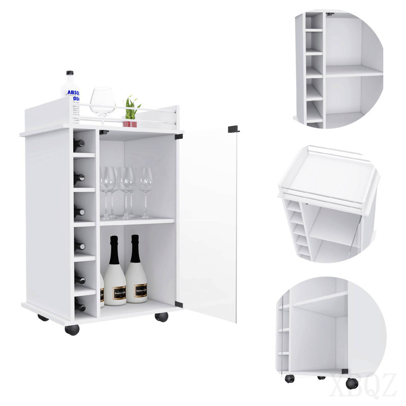 Bar Cart, Two Shelves, Six Built-in Wine Rack, Four Casters - White, White, 16.3" H x 16.3" W x 21.6" D