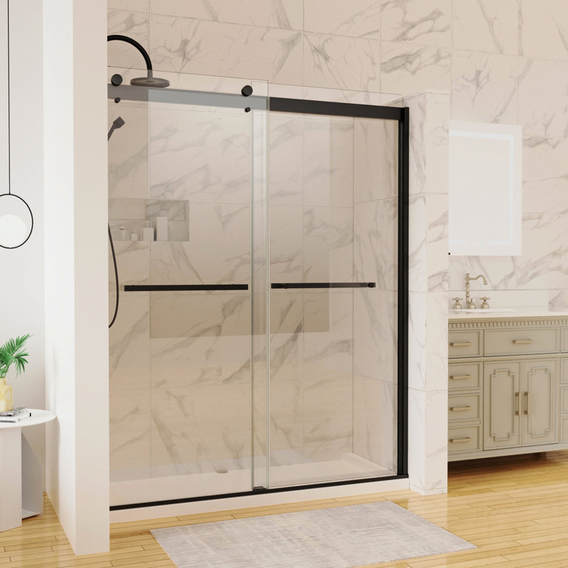 Porte de douche noire matte avec verre de 8 mm - 60 po X P 74 H, fonctionnement en douceur, rails de guidage réglables, matériau insonorisant transparent, paisible