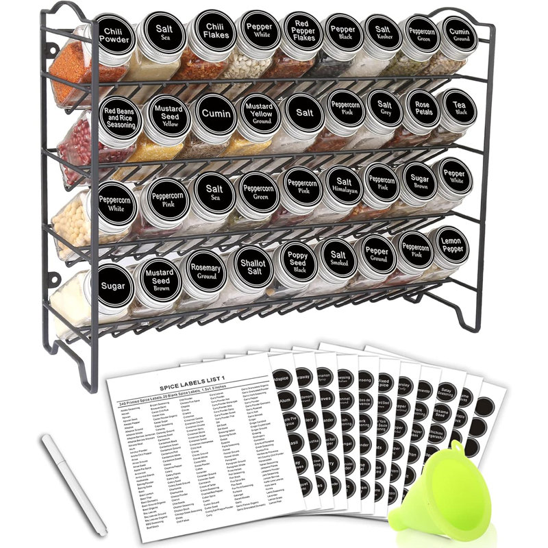 Étagère à épices avec 36 pots à épices carrés vides, 396 étiquettes pour épices avec marqueur à craie et entonnoir