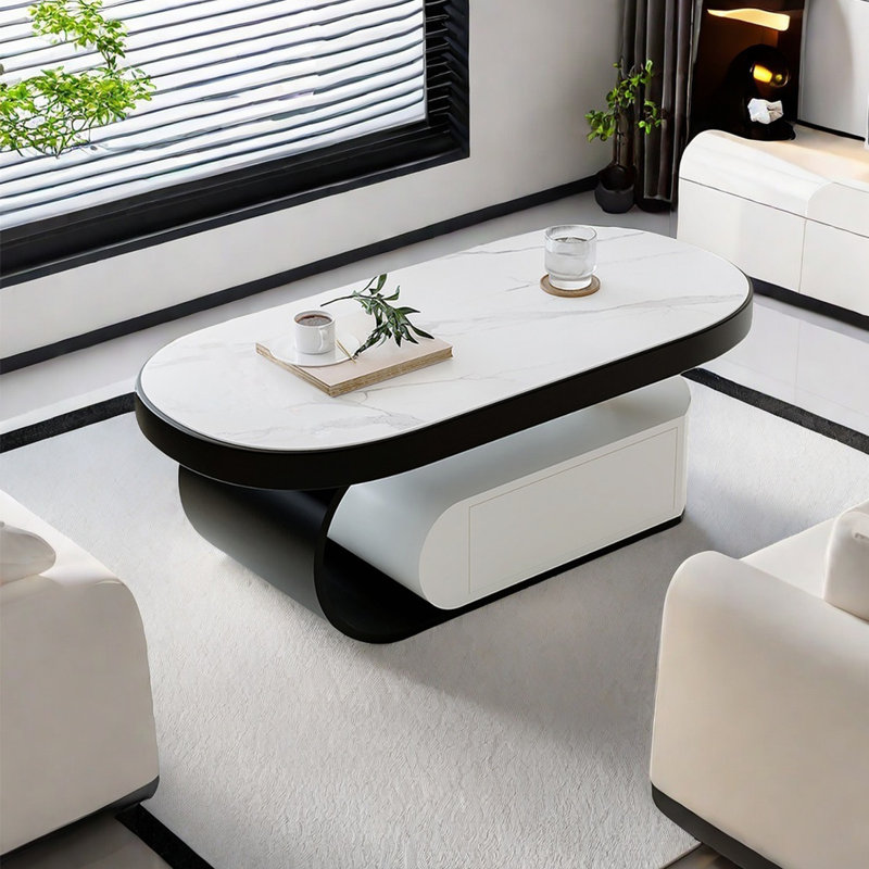 Modern simple oval shaped coffee table, Black/White, Black/White, 16.5" H x 51.2" L x 27.6" W