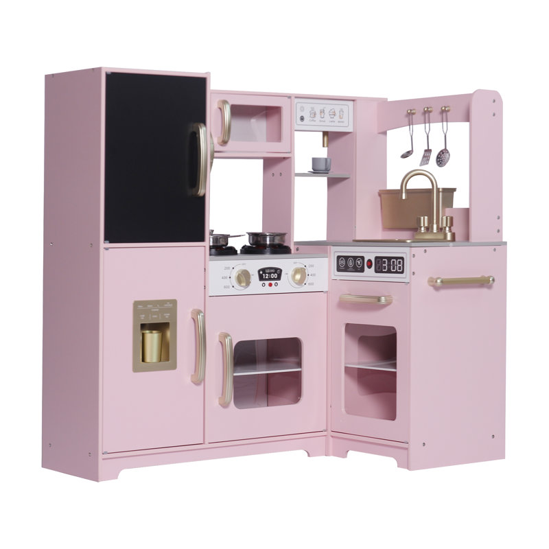 Wooden Modular Corner Play Kitchen with Writing Board, Stove, Sink, Drink Machine, and Phone., Pink/Light Wood