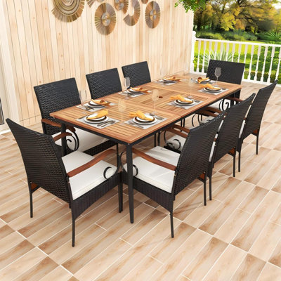 9 Pcs Patio Dining Table Chair Set, 79 In. L Dining Table With Umbrella Hole by George Oliver