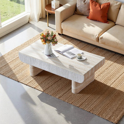 Table basse élégante de style Mid-Century moderne avec plateau en faux marbre et rangement caché