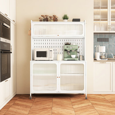 Modern Kitchen Pantry With Hooks - White, Glass Doors & Adjustable Shelves Cabinet In White Doors, Feature