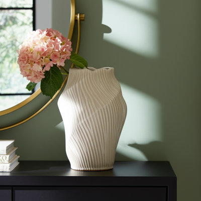 Sculptural Ceramic Ribbed Tall Table Vase for Home Tabletop Decor - Modern Twist Flower Vase for Living Room, Bedroom, or Entryway Accent