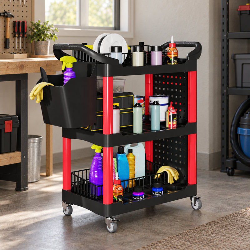 Chariot de service à 3 niveaux sur roues, capacité de 90 kg, rangement d'outils roulants en plastique avec panneaux perforés et seau pour garage et atelier, noir et rouge