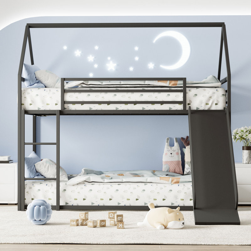 Twin Over Twin Metal House Bunk Beds with Slide and Ladder, Black