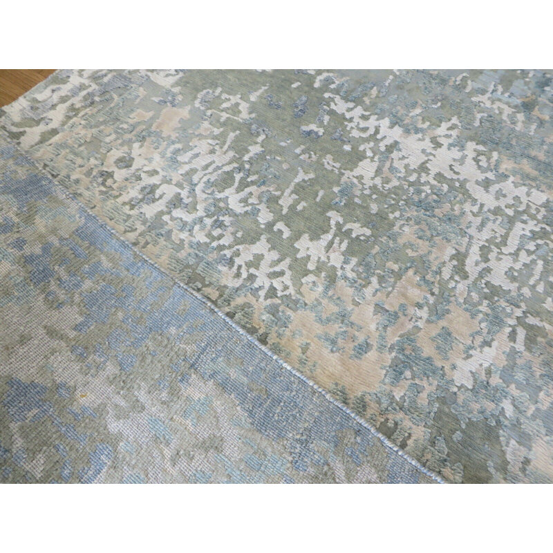 Tapis de la surface en soie 5 pi 11 po x 9 po main one-of-kind noué la blue