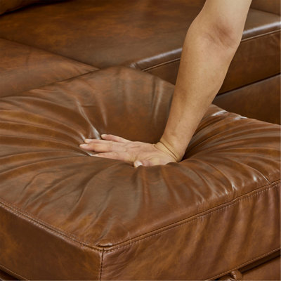 Canapé modulaire de 120 po avec deux repose-pieds de rangement amovibles, canapé modulaire rembourré en similicuir respirant, canapé en similicuir, brun rétro