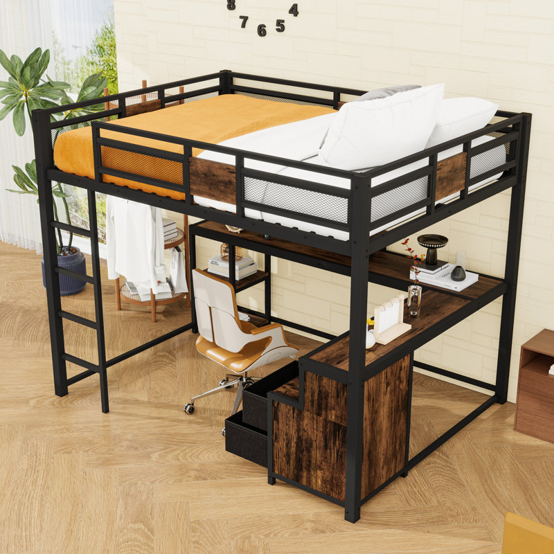 Queen 2 Drawers Metal Loft Bed With Built-In-Desk And Storage