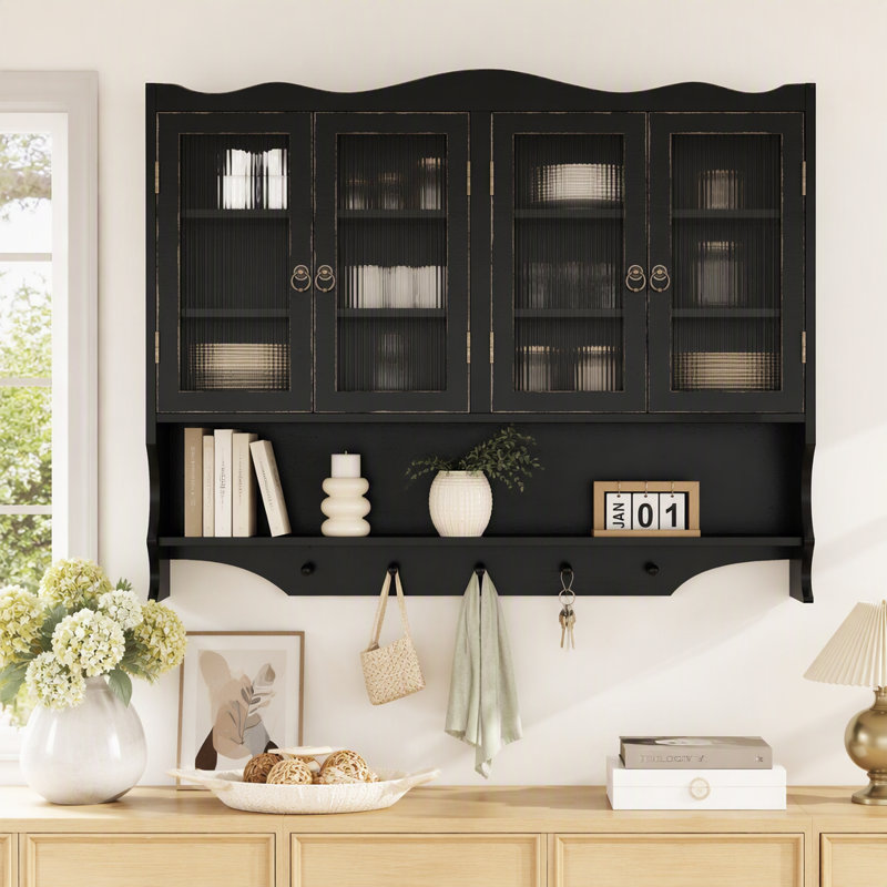 Armoire murale 39,37 po à 4 portes rétro, avec deux niveaux de rangement et un support à crochets ouverts, convient aux salles de bain, cuisines, salles à manger, noir antique