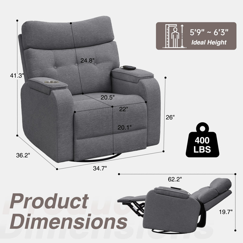 Modern Chenille Oversized Power Swivel Rocker Glider Recliner with Massage and Heat, Double Storage Arm, Cup Holder,Timing and Type-C Port