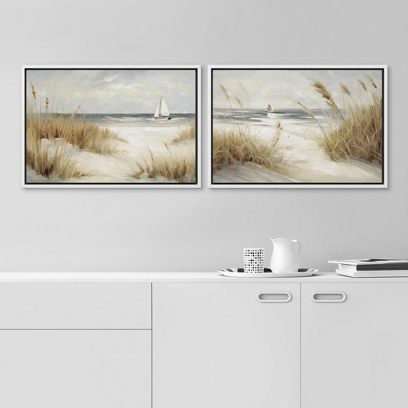 Coastal Beach " Beach Ocean Coastal Shore Grass Nature Wilderness Muted " 2 - Pieces, White Framed, 24" H x 36" W