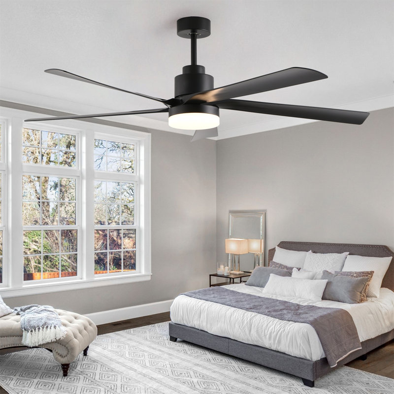 65-Inch Black Ceiling Fan With Dimmable LED Light, 5-Blade Quiet Design With Remote Control For Living Room & Bedroom