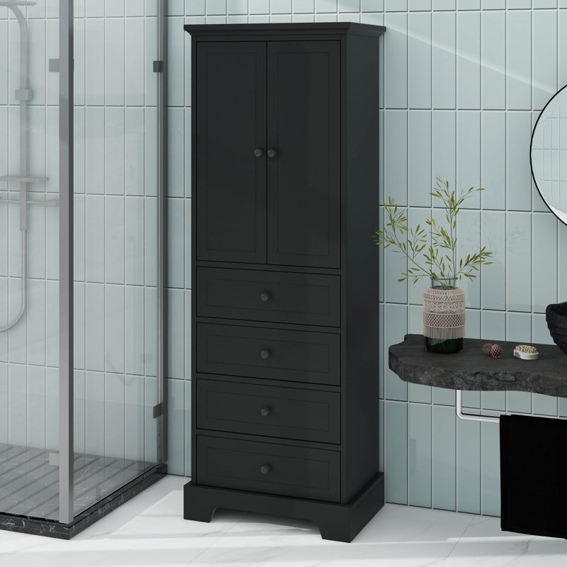 Élégante armoire de rangement avec 2 portes et 4 tiroirs pour la salle de bain, Noir