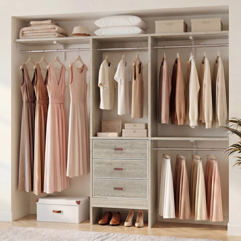 Nakada 19'' - 59" W Closet System with Drawers and Hanging Rods(cut To Fit), Wood