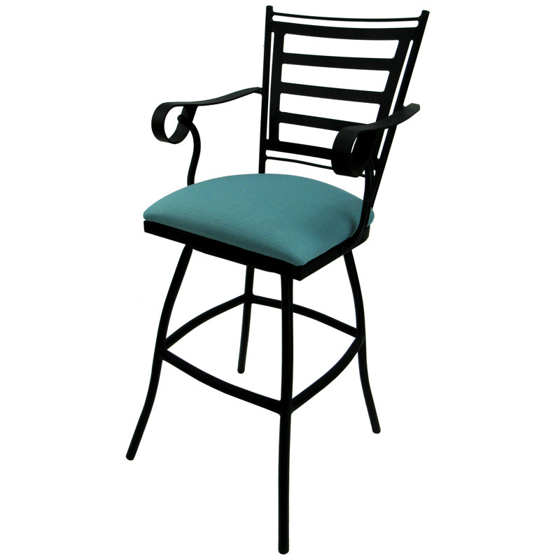 Tabouret de patio d'extérieur 35 po avec coussin Chazz, Lin turquoise, Thermolaquage noir