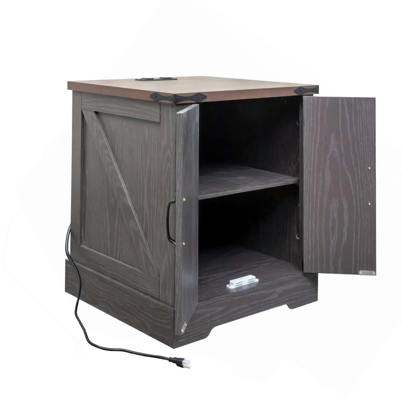 Farmhouse Barn Doors End Table With Charging Station And Adjustable Shelf For Versatile Use, Gray