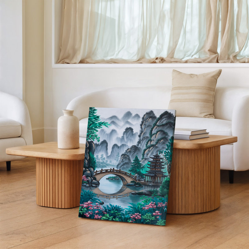 Toile, "Serene Misty Forest Scene", avec un pont en bois gracieusement arqué qui enjambe une rivière tranquille entourée d'une toile luxuriante