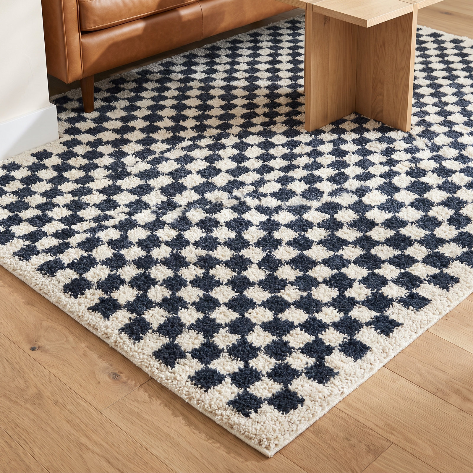 Walker Navy Blue White Checkered Shag Rug, Rectangle 7'10" x 10'