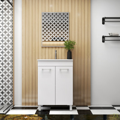 24-Inch Floor-Mounted Bathroom Vanity With Sink And Mirror Combo,Double Doors With Soft Close Hinges,Bathroom Cabinet With Adjust Shelf,Metal Handle ,Ceramic Basin,Adjustable  Feet