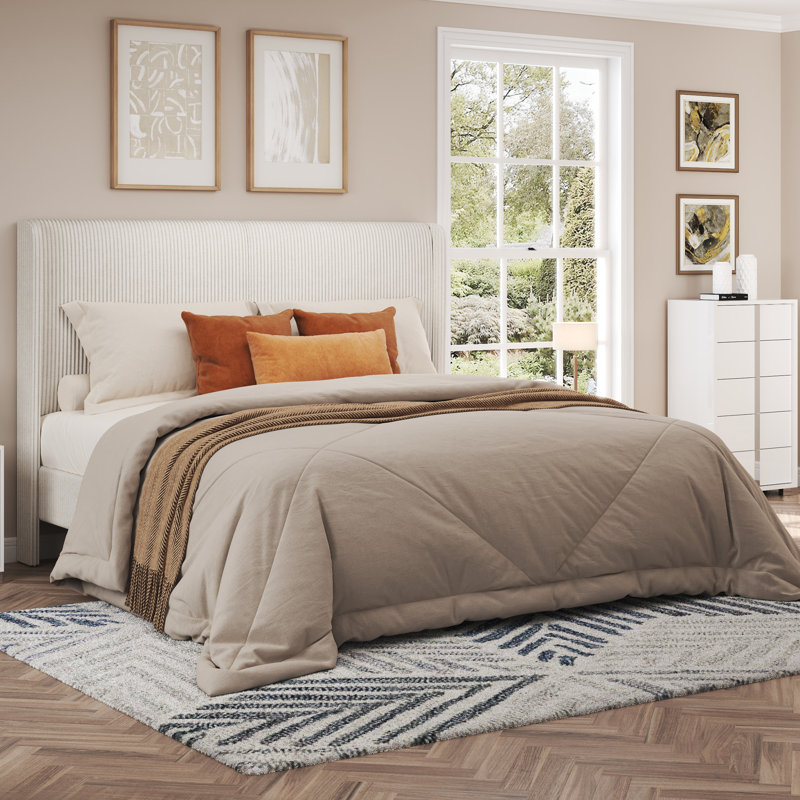 Beatrica Queen Size White Corduroy Upholstered Wingback Headboard Platform Bed with Wooden Slats, Queen, White