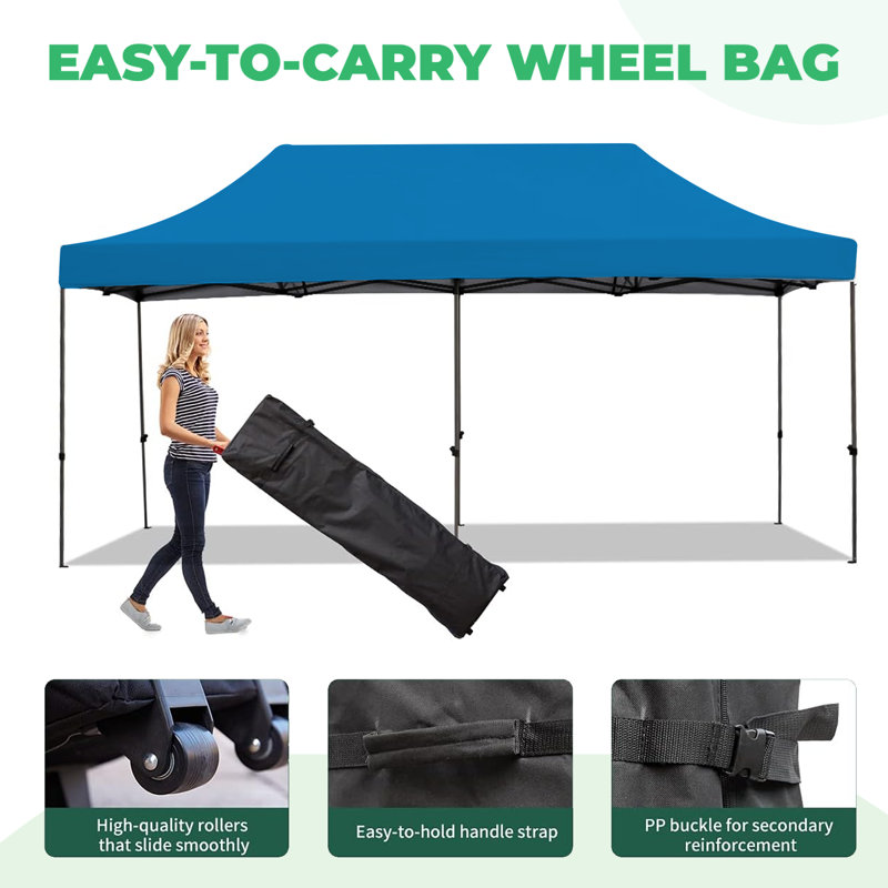 EROMMY 10' x 20' Blue Steel Pop-Up Canopy Tent with Roller Bag