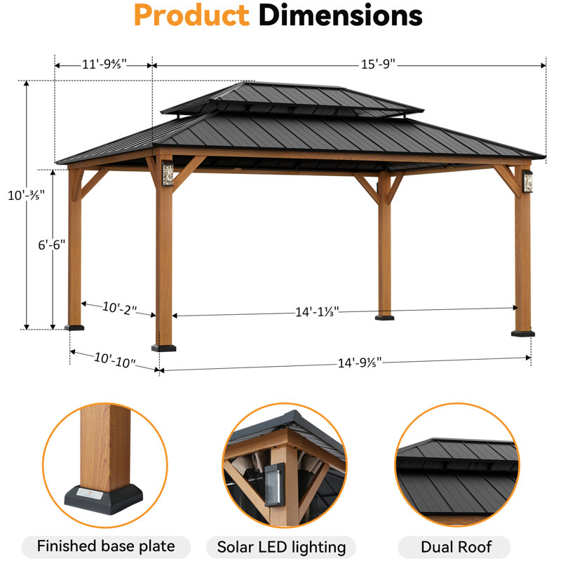 Horizon 12 ft. x 16 ft. Hard Top Gazebo With Solar Self Powered LED Lights, Mosquito Netting and Canopy Hook, Wood Grain