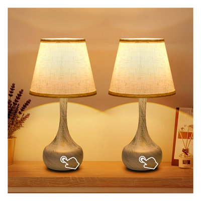 Touch Bedside Lamp Set of 2, Farmhouse 3-Way Dimmable Table Lamps with Beige Linen Fabric Shade, White & Gold Metal Base Nightstand Lamp for Bedroom Living Room Office