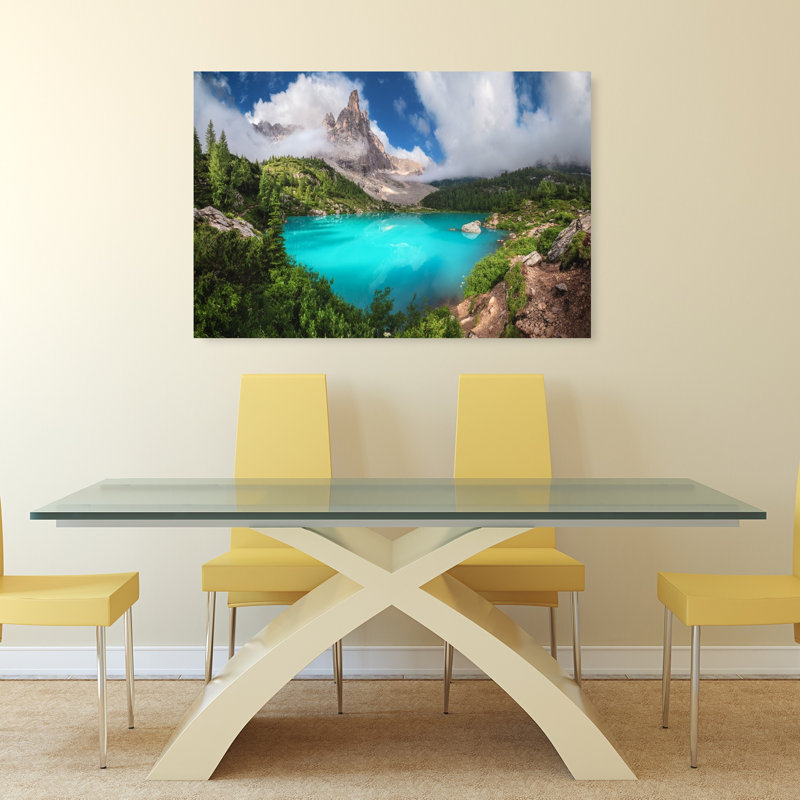 «Turquoise Mountain Lake Dramatic Peaceful Serene Forest Landscape», reproduction d'art, H 32 po x l 48 po
