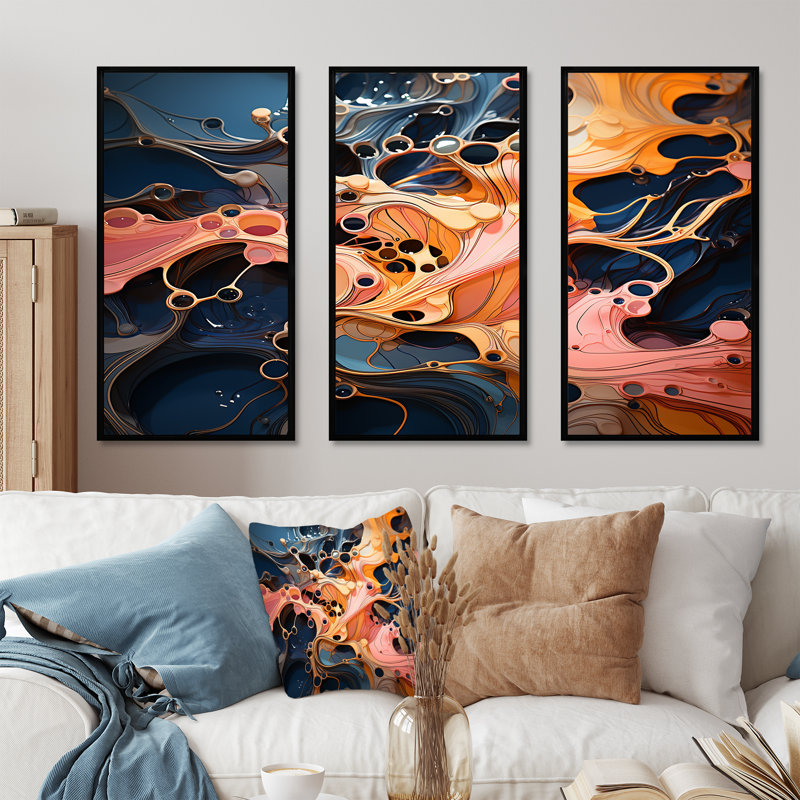 Encre rose et orange, vagues, mélodie - encre liquide, art mural abstrait, H 28 po x l 36 po x P 1 po, Cadre flottant noir