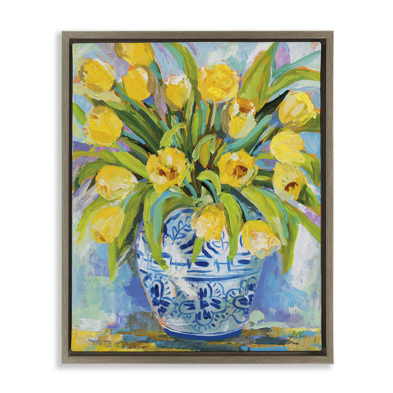 Tulipes jaunes expressives dans un vase, Cadre flottant orme Montalcino, H 21 po x l 17 po