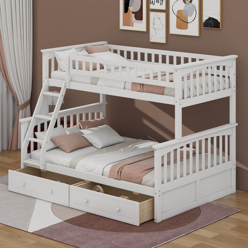 Lit superposé convertible en bois avec tiroirs, cadre de lit simple sur lit détachable avec rangement et échelles, Blanc