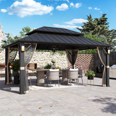 Hamilton 12' X 16' Outdoor Double Galvanized Steel Hardtop Patio Gazebo With Solar Self Powered LED Lights,Heavy Suty Permanent Pavilion Mosquito Netting And Ceiling Hook