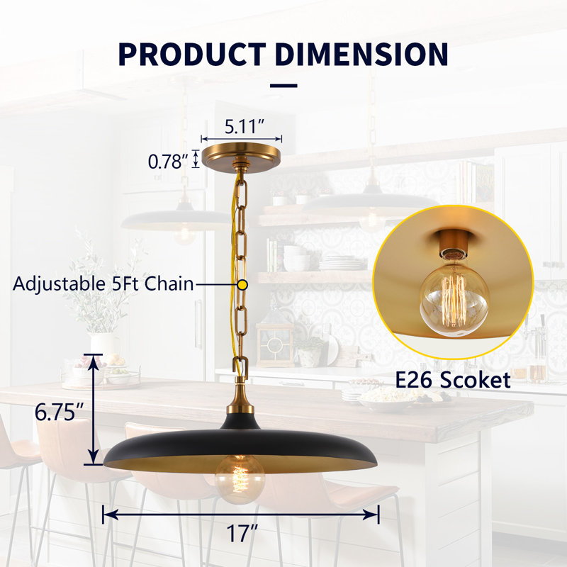 Julyn Farmhouse Pendant Light, 17" Dome Black Large Industrial Hanging Light for Kitchen Island,Coffee, 3