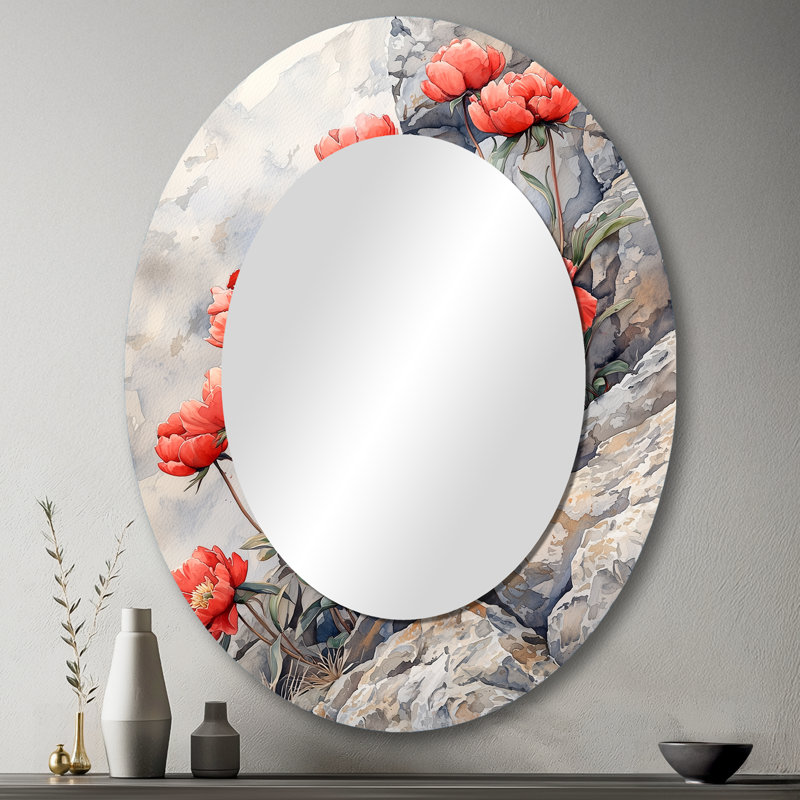 Peonies By The Rocky Outcrop I - Traditional Oval Wall Mirror, 43" x 33"