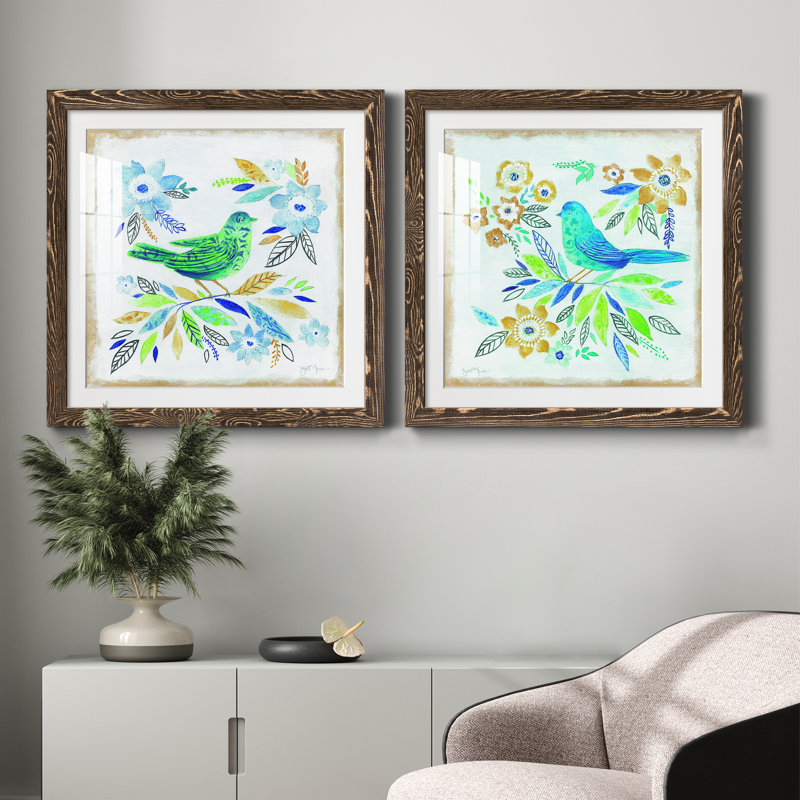 Oiseau Chanteur I - ensemble de 2 peintures encadrées, H 35,5 po x l 71 po x P 1,5 po, Encadré de bois de noyer