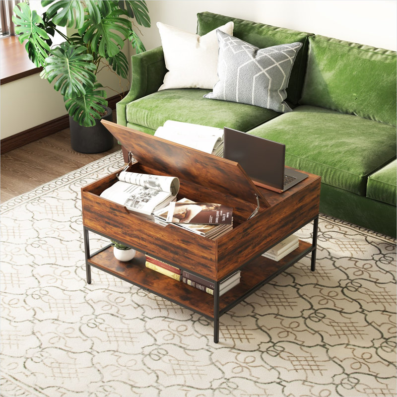 Table basse avec rangement relevable, carré 31,5 po, métal noir profond et panneau de fibres à densité moyenne noyer foncé