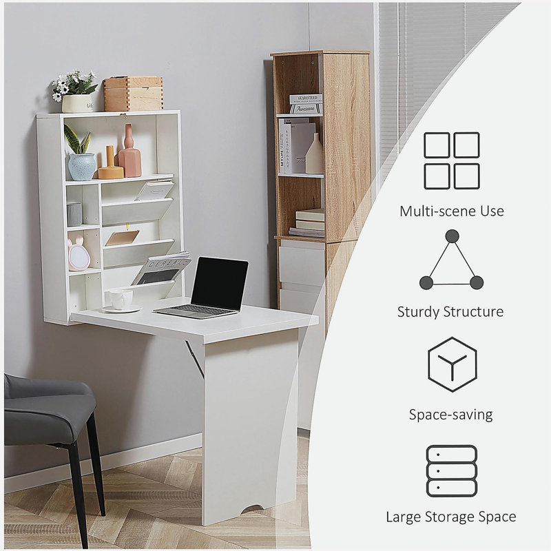 Bureau convertible mural pliable, bureau flottant multifonctionnel avec tablette de rangement, blanc, Blanc