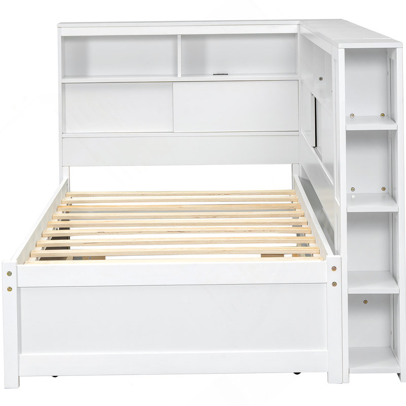 Lit de jour simple en bois avec tablettes de rangement, USB et lit gigogne, blanc, Blanc
