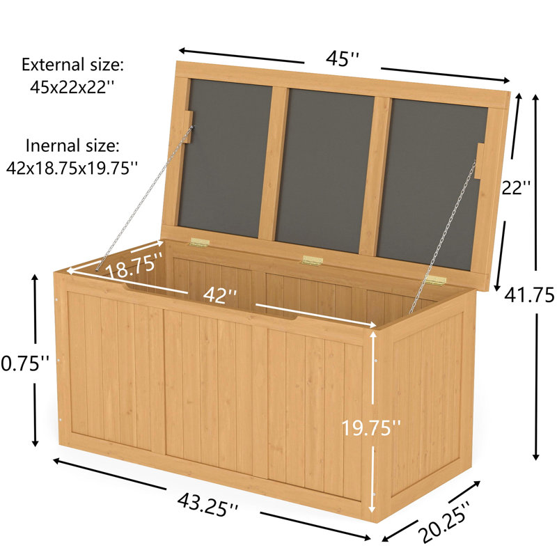 Boîte de rangement en bois massif 67 gallons avec siège et table pour les outils de jardin, coussins de patio, paquet de 38 lb