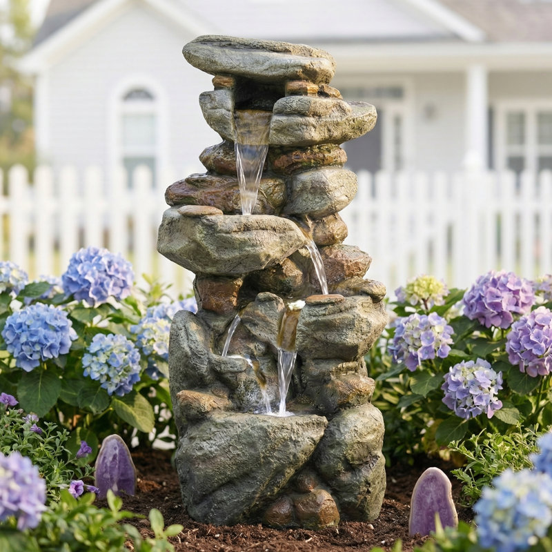 Rock Waterfall Outdoor Fountain with LED Lights & Cascading Tiers, Stone Effect Resin Garden Fountain for Patio Lawn Backyard