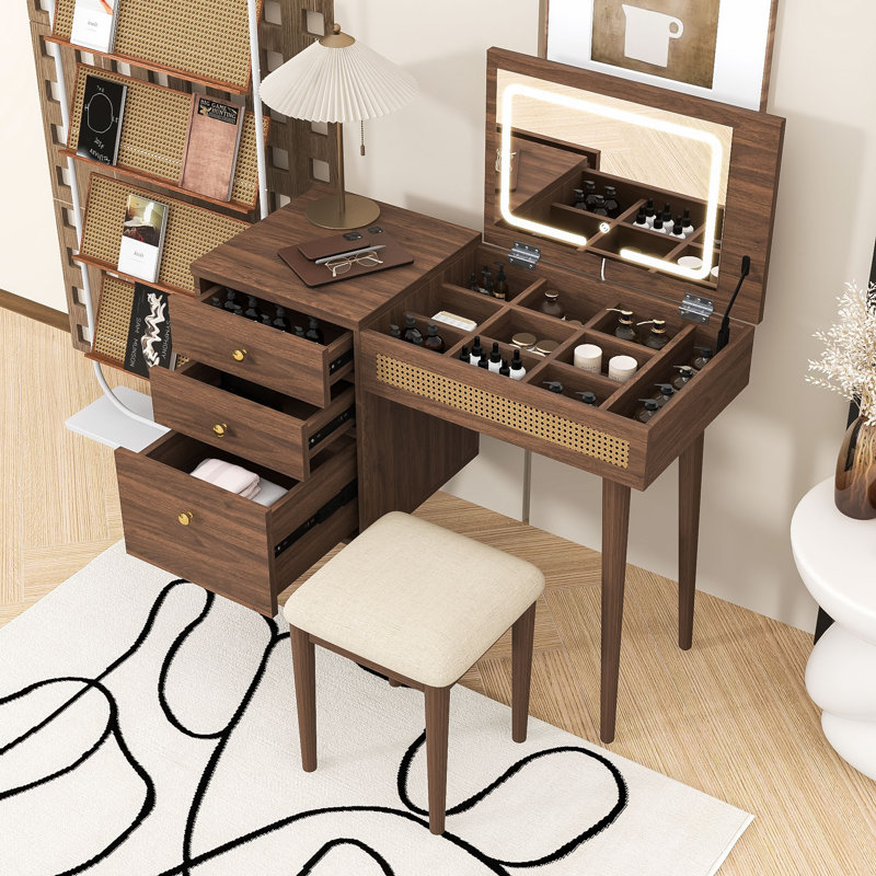 Bureau de coiffeuse avec miroir à DEL, tabouret, 3 tiroirs et 10 compartiments