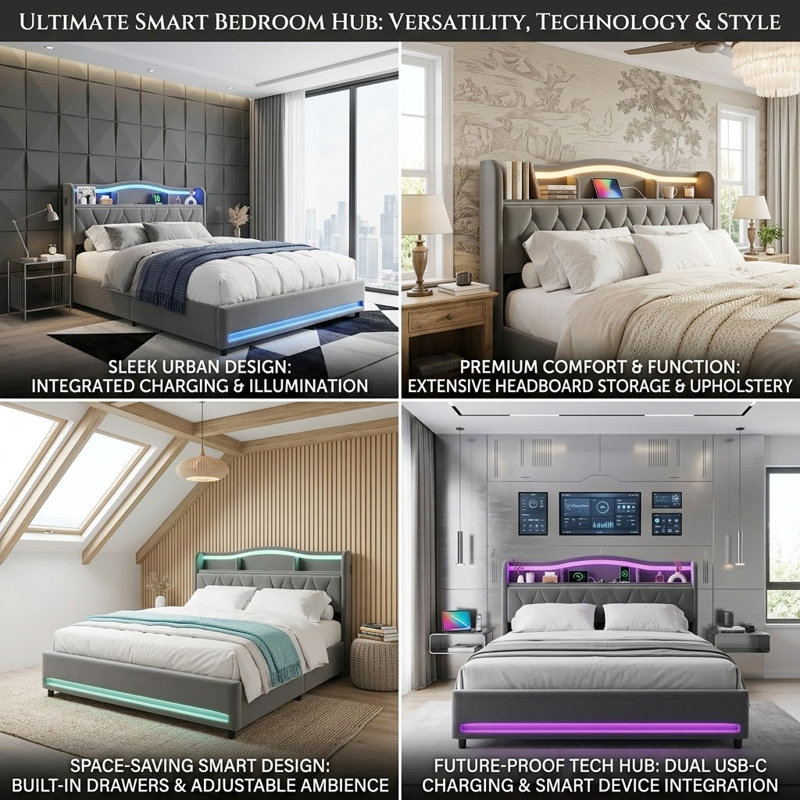 EU Double & Kingsize Velvet Storage Bed with App-Controlled RGB LED & USB C Charging, 4-Drawer Upholstered Platform Bed Frame with Storage Headboard, Beige/Grey, 140/160x200cm