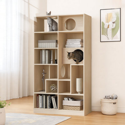 Bibliothèque moderne pour chat avec tablettes de rangement et trous pour chat
