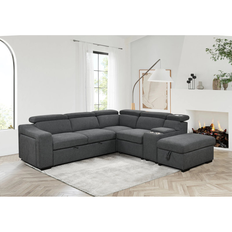 Canapé modulaire moderne en L de 105 po avec lit escamotable et espace de rangement pour repose-pieds, méridienne droite, canapé-lit convertible