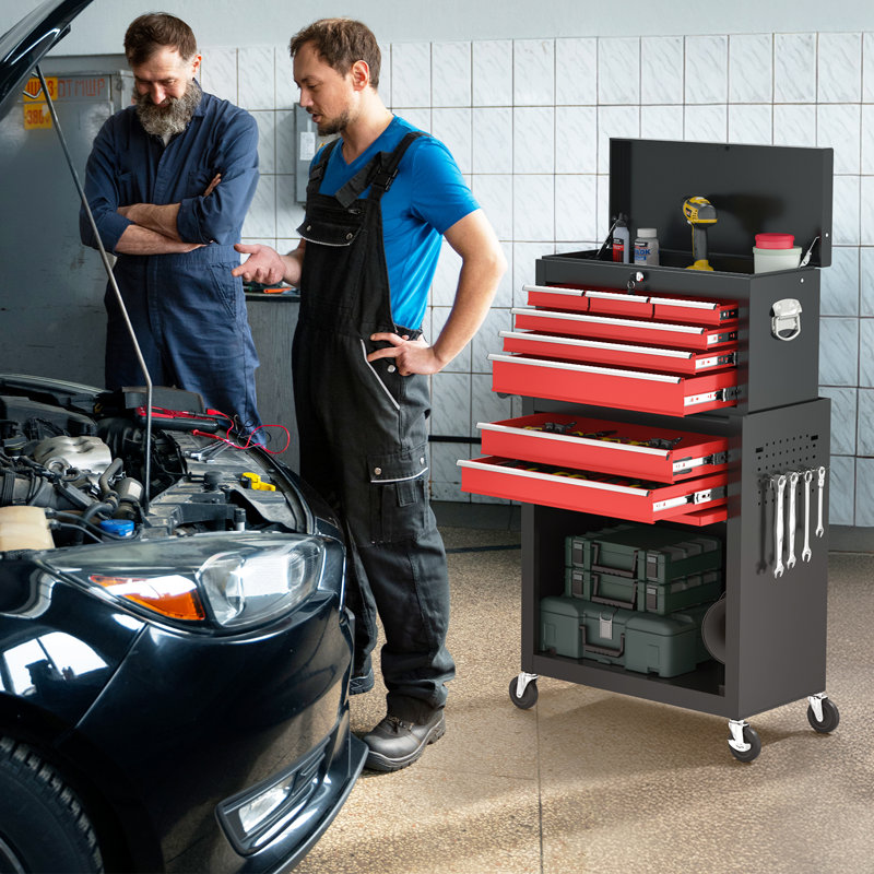 8-Drawer Tool Chest with Wheels，2-In-1 Detachable Metal Toolbox Storage Cabinet Organizer（BLACKRED）, Black/Red